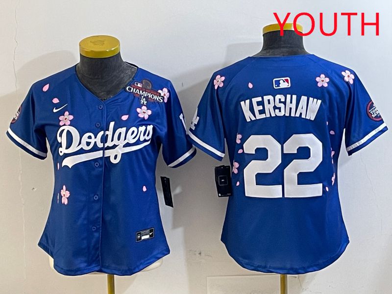 Youth Los Angeles Dodgers #22 Kershaw Blue White Blue Sakura Edition 2025 Nike MLB Jersey style 5->youth mlb jersey->Youth Jersey